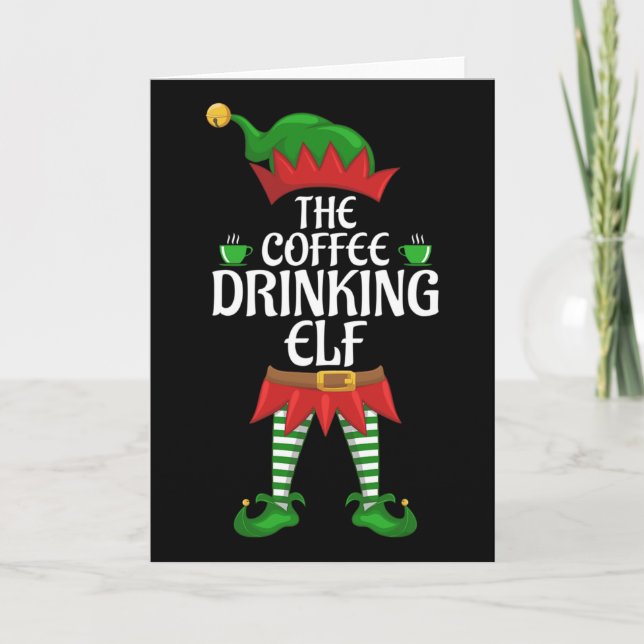 Coffee Drinking Elf Family Matching Group Christma Card (Front)