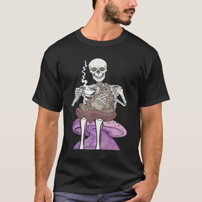Coffee Drinking Skeleton Hugging lazy Cat Hallowee T-Shirt (Front)