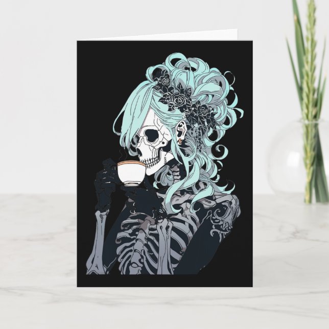 Coffee Drinking Skeleton Messy Bun Halloween Costu Card (Front)
