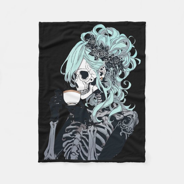 Coffee Drinking Skeleton Messy Bun Halloween Costu Fleece Blanket (Front)