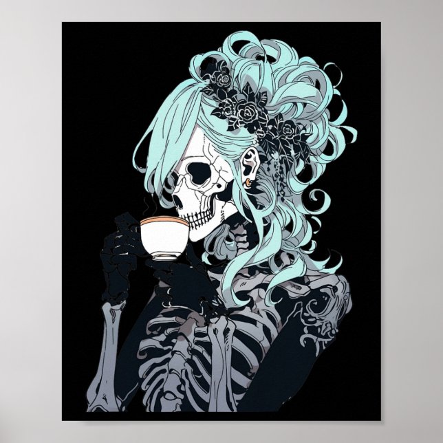 Coffee Drinking Skeleton Messy Bun Halloween Costu Poster (Front)
