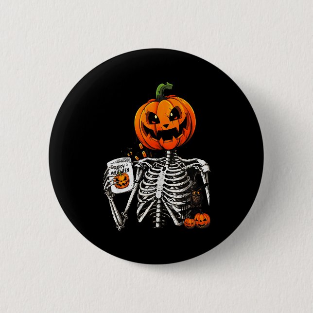 Coffee Drinking Skeleton Pumpkin Halloween Costume 2 Inch Round Button (Front)