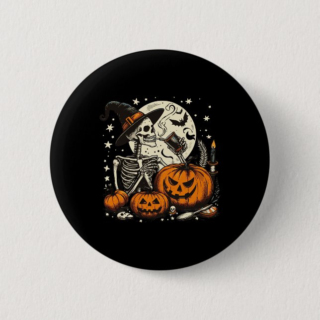 Coffee Drinking Skeleton Pumpkin Halloween Costume 2 Inch Round Button (Front)