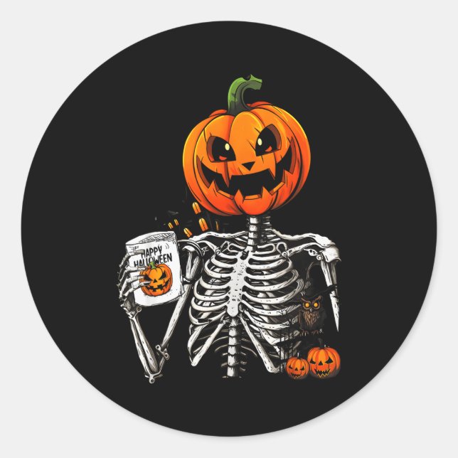 Coffee Drinking Skeleton Pumpkin Halloween Costume Classic Round Sticker (Front)