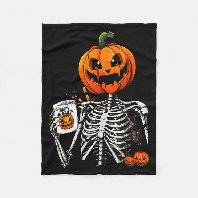 Coffee Drinking Skeleton Pumpkin Halloween Costume Fleece Blanket (Front)