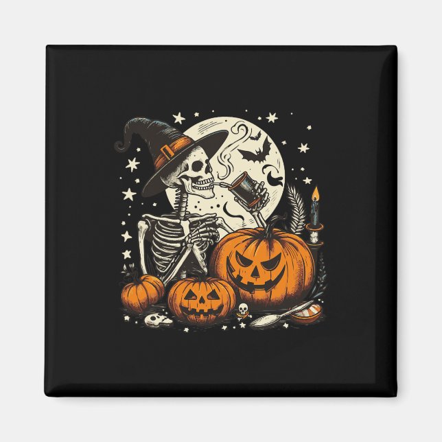 Coffee Drinking Skeleton Pumpkin Halloween Costume Magnet (Front)