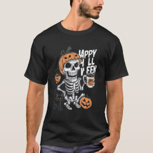 Coffee Drinking Skeleton Pumpkin Halloween Costume T-Shirt