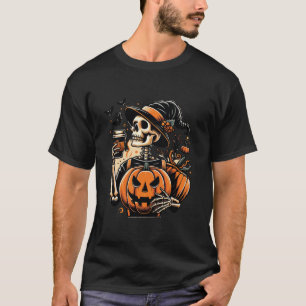 Coffee Drinking Skeleton Pumpkin Halloween Costume T-Shirt