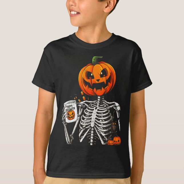 Coffee Drinking Skeleton Pumpkin Halloween Costume T-Shirt (Front)