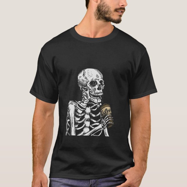 Coffee Drinking Skeleton Skull Halloween Costume T-Shirt (Front)