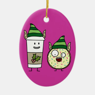 Coffee Elf and Crazy Doughnut Elf Ceramic Ornament