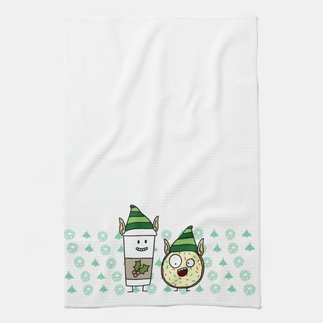 Coffee Elf  and Crazy Doughnut Elf Kitchen Towel (Vertical)