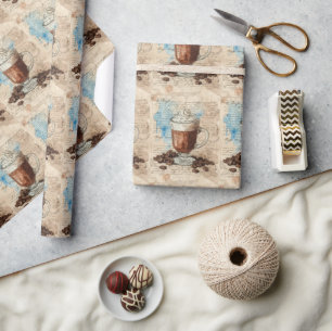 Coffee Ephemera Watercolor Collage Wrapping Paper