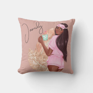 Coffee Faux Glitter Girl Hair Brown Rose Pink Throw Pillow
