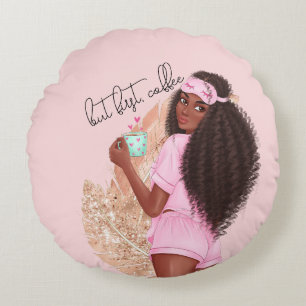Coffee Faux Glitter Girl Hair Rose Pink Round Pillow