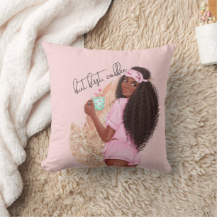 Coffee Faux Glitter Girl Hair Rose Pink    Throw Pillow