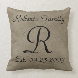 Coffee Faux Leather Monogram Anniversary Throw Pillow