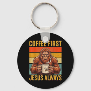 Coffee First Jesus Christian Funny Gifts Bigfoot Keychain