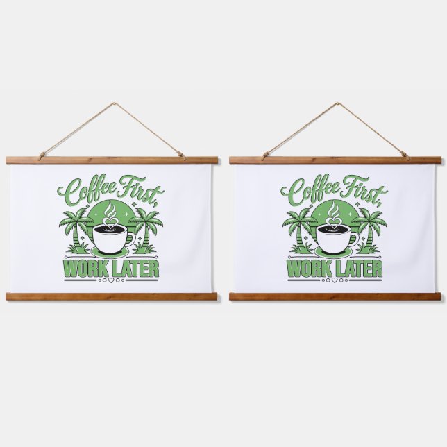 Coffee First Work Later. Powered by Caffeine Vibes Hanging Tapestry (Double)
