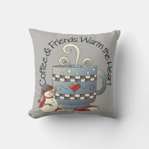 Coffee & Friends Warm the Heart Snowman Winter  Throw Pillow