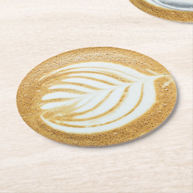 Coffee Froth Leaf Art Round Paper Coaster (Angled)