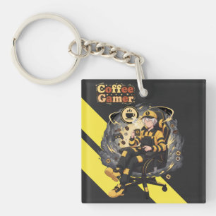 Coffee Gamer Anime Boy Yellow Aesthetic Art Keychain