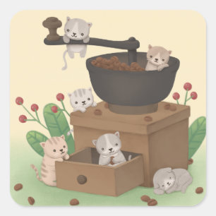 Coffee Grinder & Kittens Illustration Art Square Sticker