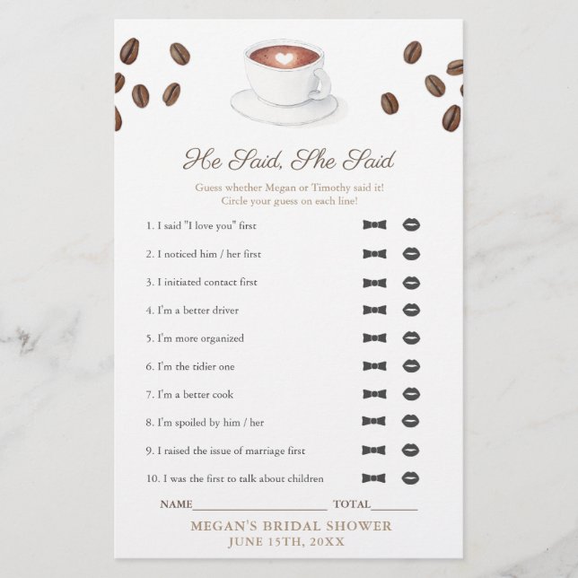 Coffee He Said She Said Bridal Shower Game Card (Front)