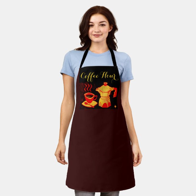 COFFEE HOUR Red Yellow Coffee Cup ,Coffeepot Brown Apron (Worn)
