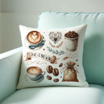 Coffee House Themed Throw Pillows<br><div class="desc">Add a cozy touch to your home or event with our coffee house themed throw pillow, featuring the charming phrase "Love is Brewing" alongside delightful illustrated coffee house art. Perfect for coffee lovers, this pillow brings warmth and style to any space. Whether used as a unique gift or as decor...</div>