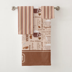 Coffee Images Stripe Pattern Monogram Bath Towel Set