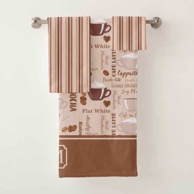 Coffee Images Stripe Pattern Monogram Bath Towel Set (Insitu)