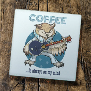 Coffee Is Always On My Mind Guitar Owl Cartoon Glass Coaster