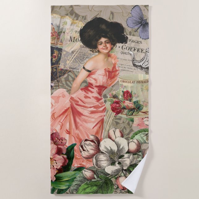 Coffee Lady Victorian Woman Pink Classy Beach Towel (Front)