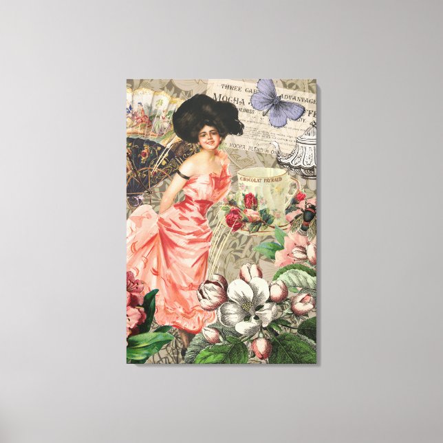 Coffee Lady Victorian Woman Pink Classy Canvas Print (Front)