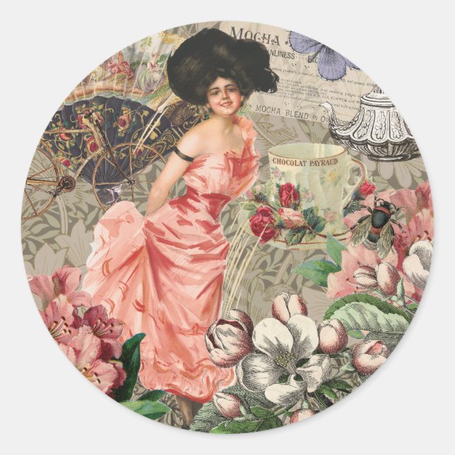 Coffee Lady Victorian Woman Pink Classy Classic Round Sticker (Front)