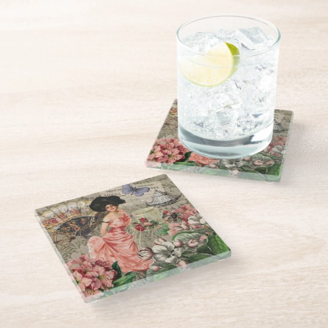 Coffee Lady Victorian Woman Pink Classy Glass Coaster (Angled)