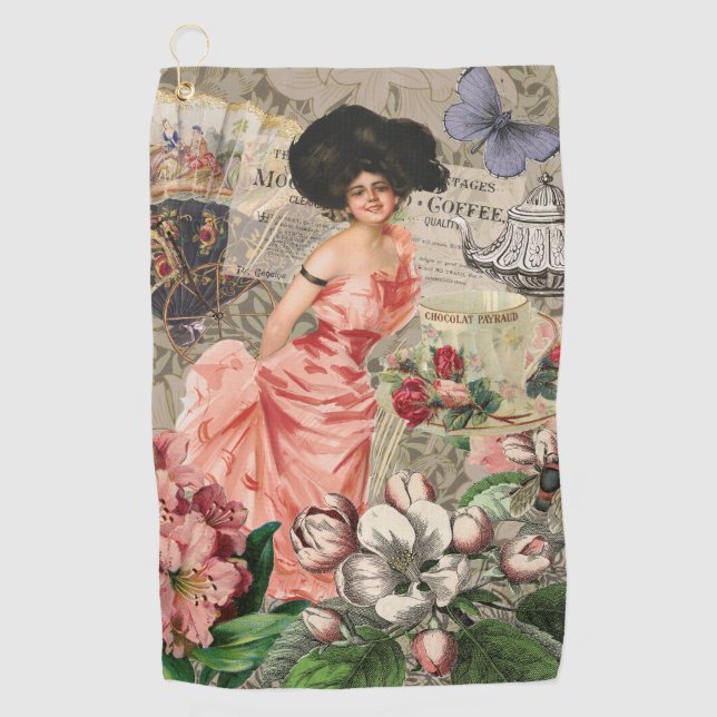 Coffee Lady Victorian Woman Pink Classy Golf Towel (Front)