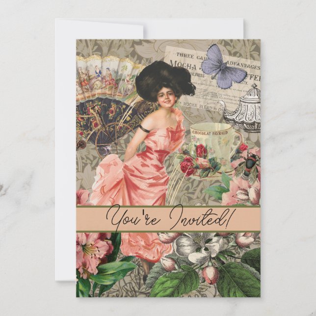Coffee Lady Victorian Woman Pink Classy Invitation (Front)