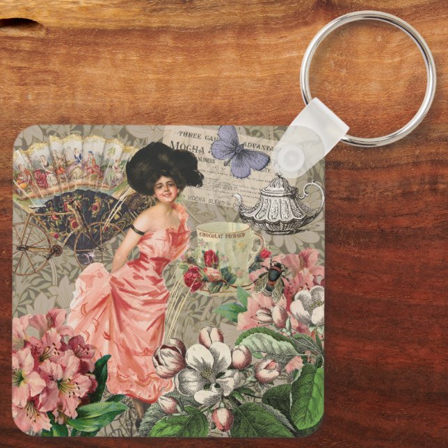 Coffee Lady Victorian Woman Pink Classy Keychain (Back)