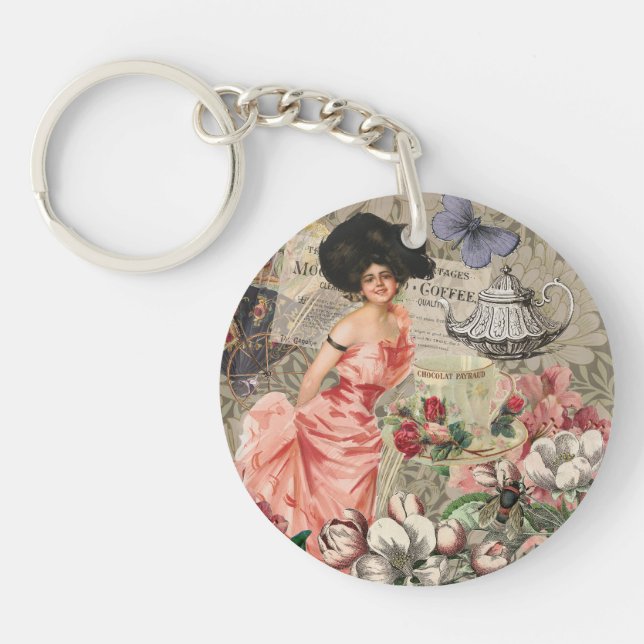 Coffee Lady Victorian Woman Pink Classy Keychain (Front)