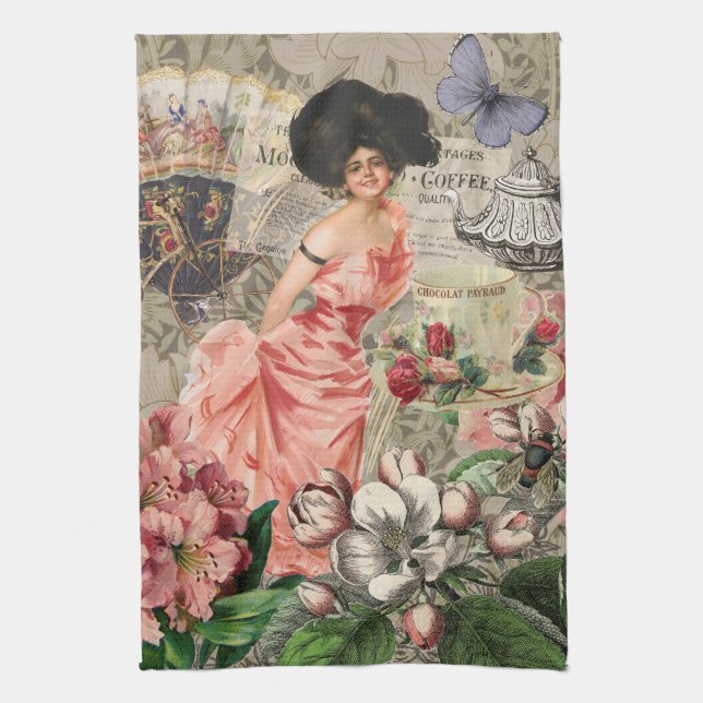 Coffee Lady Victorian Woman Pink Classy Kitchen Towel (Vertical)