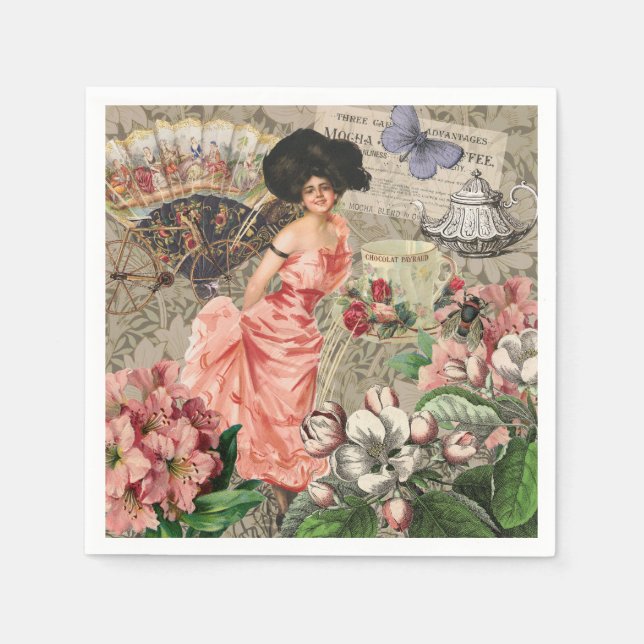 Coffee Lady Victorian Woman Pink Classy Napkin (Front)