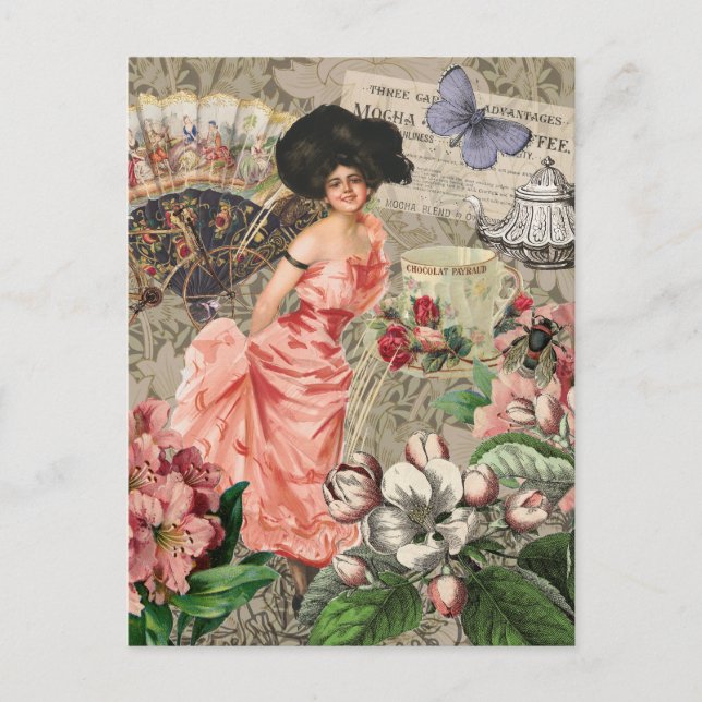 Coffee Lady Victorian Woman Pink Classy Postcard (Front)
