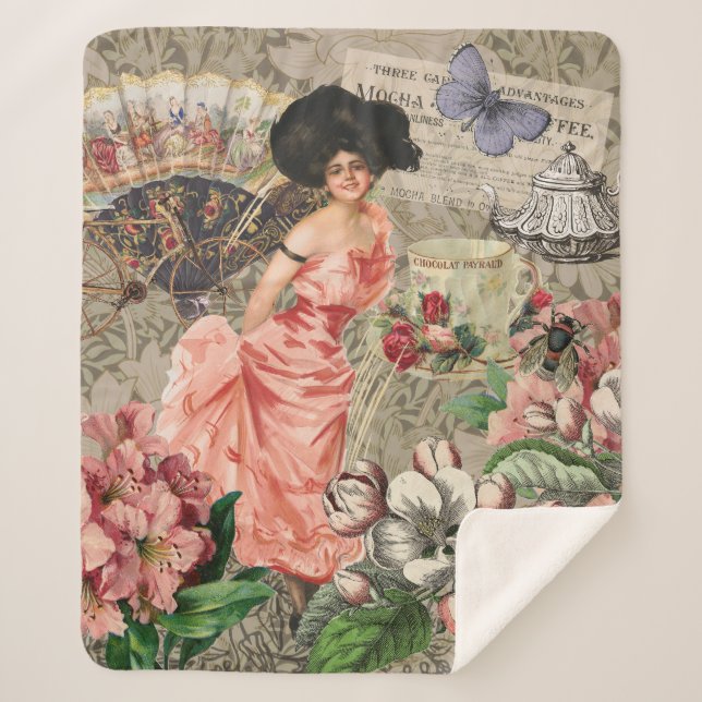 Coffee Lady Victorian Woman Pink Classy Sherpa Blanket (Front)