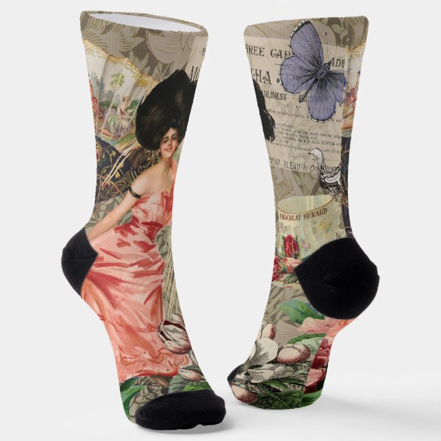 Coffee Lady Victorian Woman Pink Classy Socks (Angled)