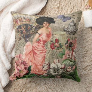 Coffee Lady Victorian Woman Pink Classy Throw Pillow