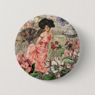 Coffee Lady Victorian Woman Pink Rich Gown 2 Inch Round Button