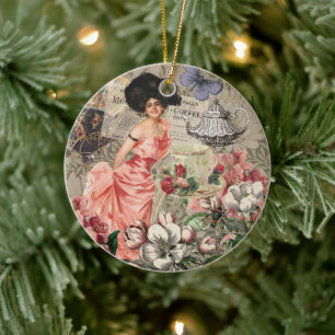 Coffee Lady Victorian Woman Pink Rich Gown Ceramic Ornament