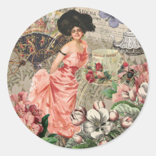 Coffee Lady Victorian Woman Pink Rich Gown Classic Round Sticker